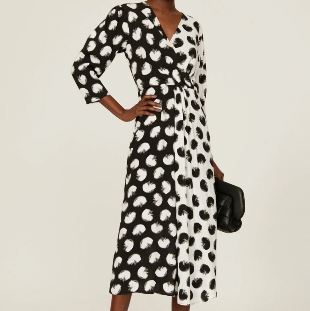 BOSS  Danotta Black and White Polka Dot Deep V Mock  Faux Wrap Dress